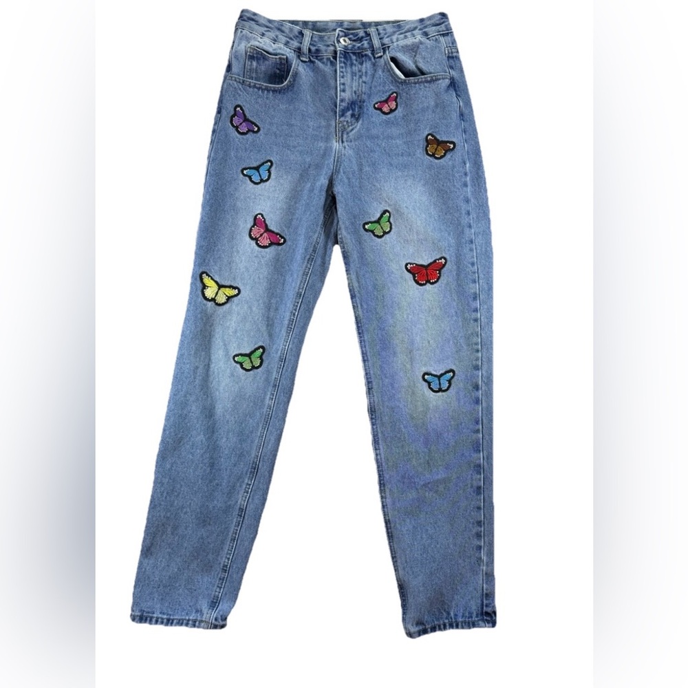 Shein Butterfly Embroidered Jeans Women's Small Denim Blue Light wash Boho Y2K